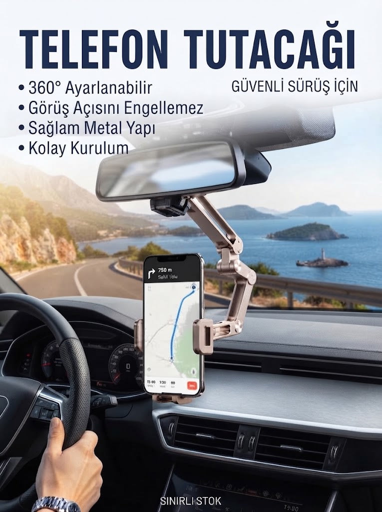 Araç İçi Dikiz Aynası Telefon Tutucu ve Navigasyon Standı - 360° Dönebilen Katlanabilir Model