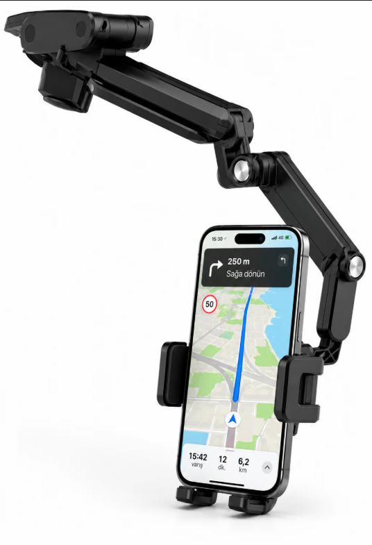 Araç İçi Dikiz Aynası Telefon Tutucu ve Navigasyon Standı - 360° Dönebilen Katlanabilir Model