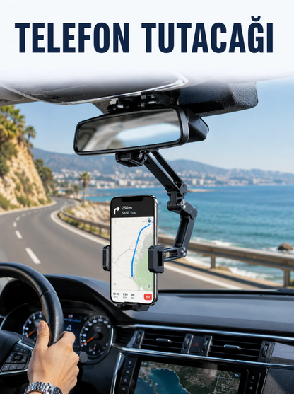 Araç İçi Dikiz Aynası Telefon Tutucu ve Navigasyon Standı - 360° Dönebilen Katlanabilir Model
